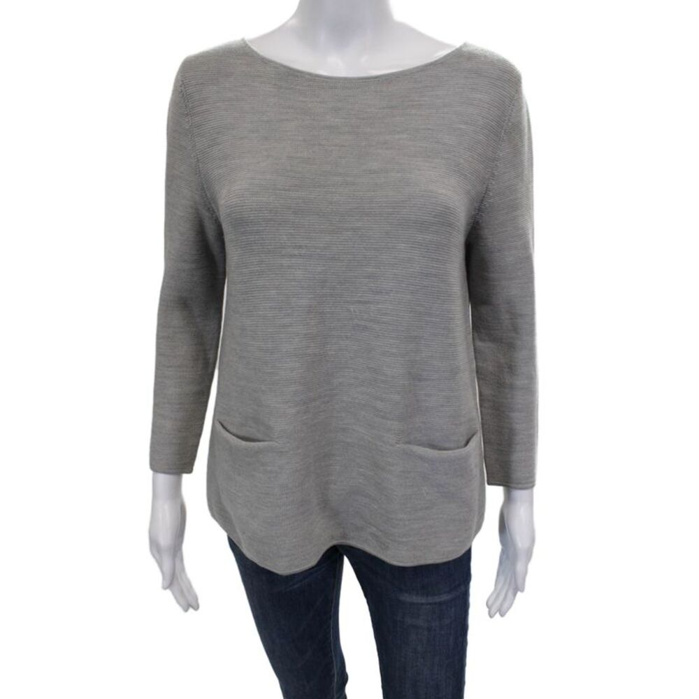 COS Women Pullover Sweater Gray Boat Neck 100% Wool Long Sleeve Size S